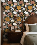 Bedroom accent wall with Black Vintage Floral Peel And Stick Wallpaper With Daisy Flowers And Olive Green Leaves For Powder Rooms