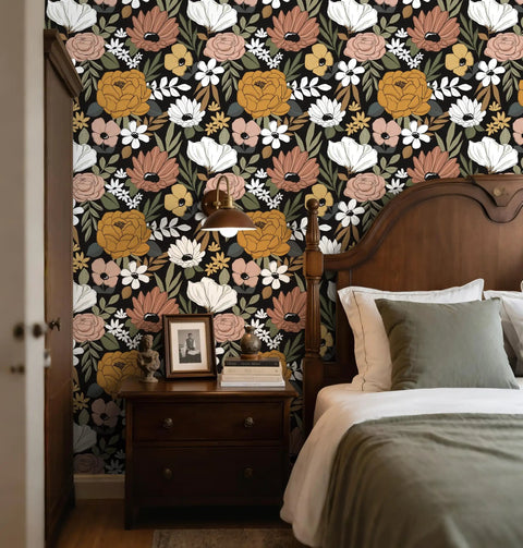 Bedroom accent wall with Black Vintage Floral Peel And Stick Wallpaper With Daisy Flowers And Olive Green Leaves For Powder Rooms