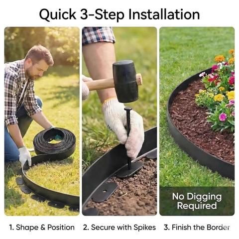 Three-step guide using No Dig Landscape Edging Kit 40 Ft By 2 In Flexible Black Lawn Border with 80 Spiral Spikes and 2 Connectors