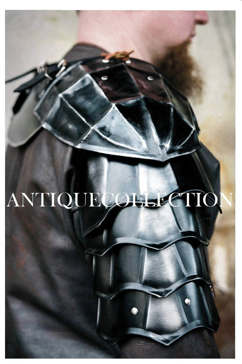 Medieval Blackened Pauldrons And Gorget Set For Berserk Guts Style Armor with 18 gauge steel, shown in side view