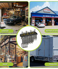 Collage featuring a Vise Grip Holder Wall Mount Pliers Organizer Rack For Garage And Workshop, Three Slot Sizes, various uses.