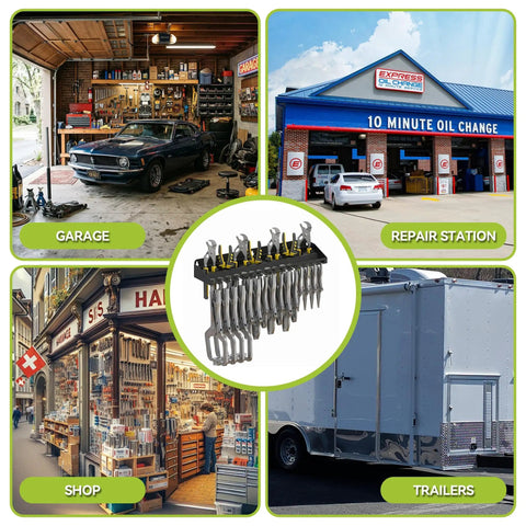 Collage featuring a Vise Grip Holder Wall Mount Pliers Organizer Rack For Garage And Workshop, Three Slot Sizes, various uses.
