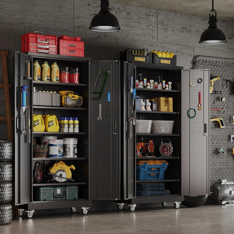 Shop Ready Slick Rolling Metal Garage Storage Cabinet Featuring Lockable Double Pegboard Doors And Five Spacious Adjustable Shelves Plus Heavy Duty Workshop Tool Organizer Rack