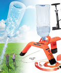 Deluxe Rocket Bottle Launcher Kit With Pump For 100 Foot Launches, 2026 Model in action with bottle mid-air and components displayed