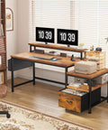 56.5 Inch Rustic Brown Office Desk With Drawers Printer Space And Filing Cabinet Shelves And Two Monitor Stand Perfect For Home Office Study And Gaming Setups in room