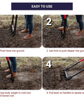 Steps showing use of Heavy Duty Broad Fork Garden Tool With 5 Steel Tines For Loosening And Tilling Hard Soil Fiberglass Handle 43 Inch Made In The USA
