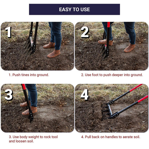 Steps showing use of Heavy Duty Broad Fork Garden Tool With 5 Steel Tines For Loosening And Tilling Hard Soil Fiberglass Handle 43 Inch Made In The USA