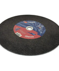 16 Inch Cutting Wheel For Steel And Metal Long Life Tiger AO Grain Resin Bond With Smooth Finish And Aggressive Cutting White Aluminum Oxide Dual Reinforcement For Strength One Eighth Inch Arbor Type 1 Pack Of Ten. Close-up view on flat surface.