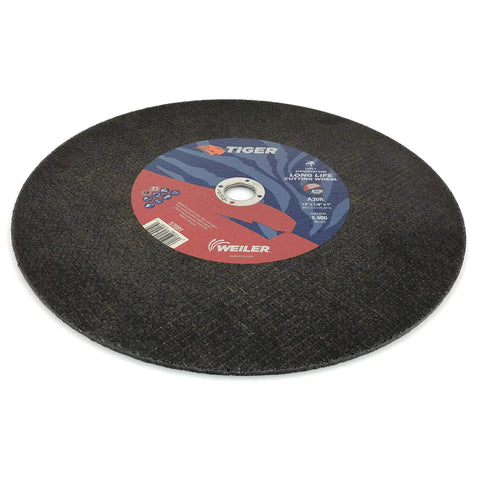 16 Inch Cutting Wheel For Steel And Metal Long Life Tiger AO Grain Resin Bond With Smooth Finish And Aggressive Cutting White Aluminum Oxide Dual Reinforcement For Strength One Eighth Inch Arbor Type 1 Pack Of Ten. Close-up view on flat surface.