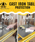 All Purpose Shop Wax Finish Paste With Carnauba Beeswax For Metal Wood Epoxy Plastic Leather And More Non Greasy Multi Surface Conditioner That Reduces Friction And Lubricates Jigs Sleds Planers And Jointers For Workshop Tools 8 Oz on cast iron table being applied and buffed off