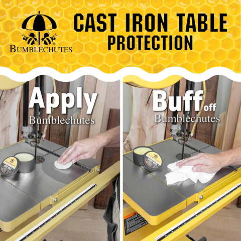 All Purpose Shop Wax Finish Paste With Carnauba Beeswax For Metal Wood Epoxy Plastic Leather And More Non Greasy Multi Surface Conditioner That Reduces Friction And Lubricates Jigs Sleds Planers And Jointers For Workshop Tools 8 Oz on cast iron table being applied and buffed off