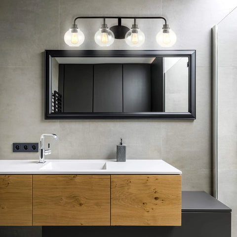 Oil Rubbed Bronze Farmhouse 36 Inch LED Vanity Wall Sconce with Clear Seeded Glass Shade above bathroom sink