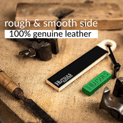 Pocket Knife Strop Kit On The Go Sharpening With Leather Strop And Stropping Compound on burlap cloth with tools