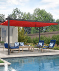 Aluminum Patio Pergola With Smooth Retractable Canopy 12 By 16 Feet Weather Resistant Cover For Your Chill Hangout Space, red canopy over patio seating area.