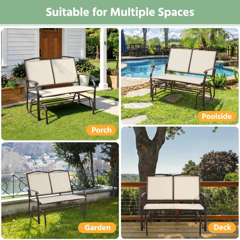 Collage of Two Person Outdoor Glider Bench For Patio And Garden, Heavy Duty Steel Frame Rocking Loveseat for porch, poolside, garden, deck.