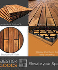 Interlocking Longboard Deck Tiles With Acacia Wood For Outdoor Patios And Walkways Easy Install No Fuss Raised Base Drainage Weather Resistant Durable Flooring 24 By 12 By 0.9 Inches Set Of 6 displayed with pack in grid and drainage feature