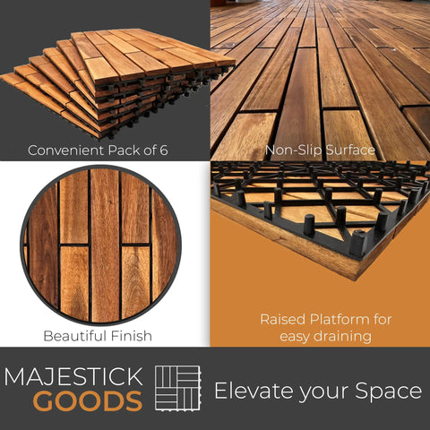 Interlocking Longboard Deck Tiles With Acacia Wood For Outdoor Patios And Walkways Easy Install No Fuss Raised Base Drainage Weather Resistant Durable Flooring 24 By 12 By 0.9 Inches Set Of 6 displayed with pack in grid and drainage feature