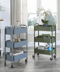 Two 3 Tier Compact Rolling Metal Storage Carts With Wheels For Kitchen And Home Office use, in blue and green, near window.