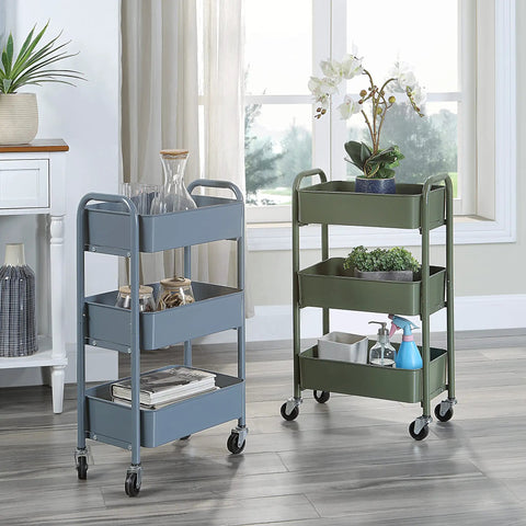 Two 3 Tier Compact Rolling Metal Storage Carts With Wheels For Kitchen And Home Office use, in blue and green, near window.