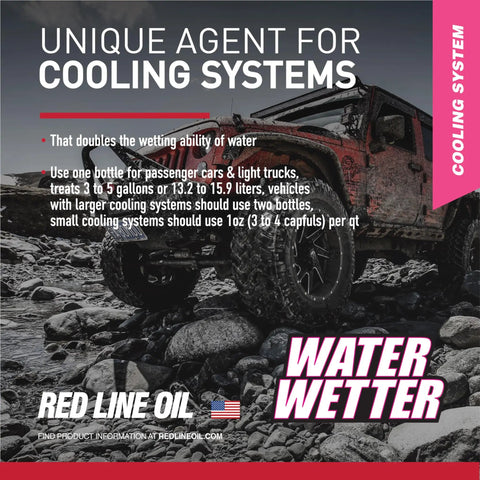 Water Wetter Super Coolant Additive 12 Pack Of 12 Oz Bottles next to a rugged truck in a rocky landscape.