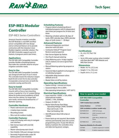 Expandable ESPME3 Lawn Irrigation Controller product sheet detailing features, specifications, and setup guide.