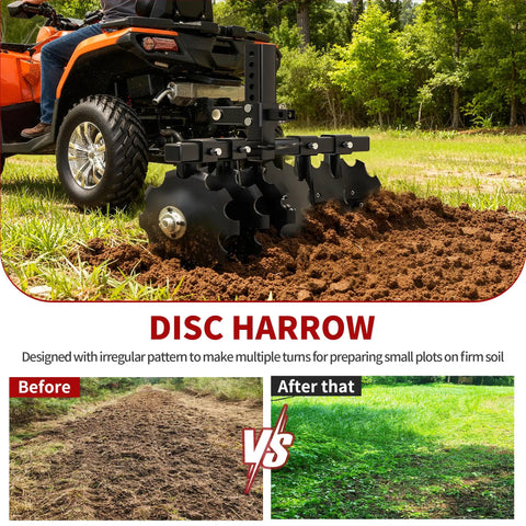 Heavy-Duty 28 Inch Disc Plow Harrow With Universal 2 Inch Receiver Hitch Pull-Behind Plow For Tractor ATV UTV in action