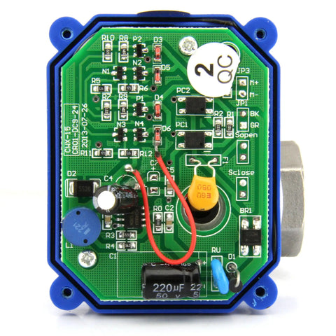 Top view of circuit board and electronics for Motorized One Quarter Inch Ball Valve In Stainless Steel 304, Full Port, NSF Certified