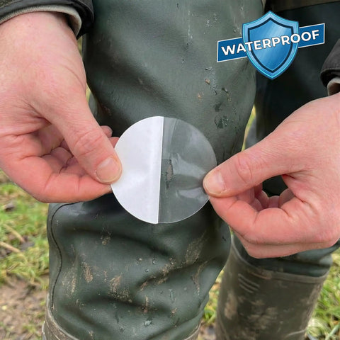 Close-up of hands holding adhesive patch from Boot And Shoe Repair Kit With Flexible Waterproof Adhesive For Soles And Uppers Easy Long Lasting Fix That Moves With Your Feet And Keeps Shoes Dry Like A True Workhorse.