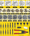 Contents of Dual Function Rivet Nut Gun And Blind Rivet Tool Kit with various sizes of rivet nuts and mandrels