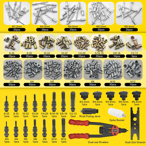 Contents of Dual Function Rivet Nut Gun And Blind Rivet Tool Kit with various sizes of rivet nuts and mandrels