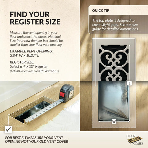 Scroll Floor Register 4x10 Brushed Nickel Finish with Easy Drop In Install and Durable Damper Box shown with measuring tape.