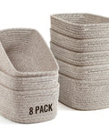 Set Of 8 Small Woven Storage Baskets For Easy Home Organization In Bathroom Closet And Shelves Rope Bin Cubes, Brown, Stacked