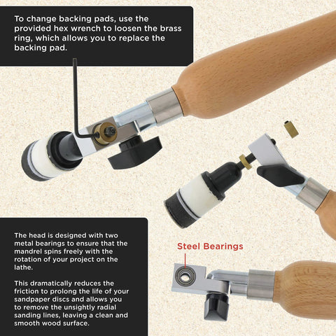 Dura-Gold woodturning bowl sander kit with wooden handle, 1in and 2in hook-and-loop pads, steel shaft, and 50 sanding discs