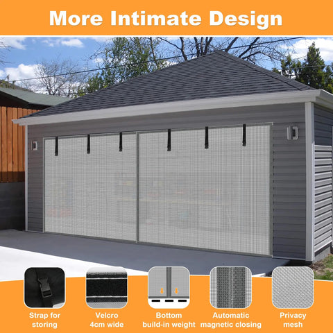 Hands Free Magnetic Garage Door Screen In Privacy Silver, 9 By 7 Feet, installed on a garage, showing privacy mesh and magnetic closure.