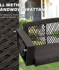 Close-up of black brown rattan Wicker Hanging Porch Swing for Outdoor Patio 3 Seat Bench with Cushions and Chains Cup Holder.