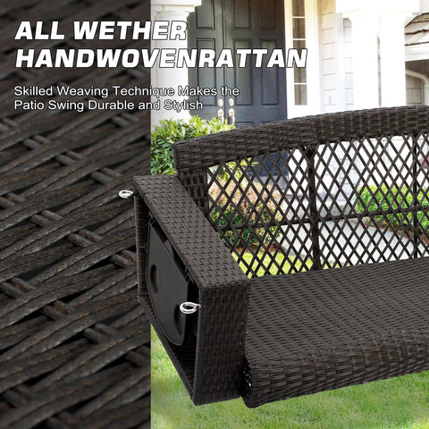 Close-up of 3 Person Porch Swing Bench Wicker Outdoor Hanging Chair's handwoven brown rattan detailing in garden setting.