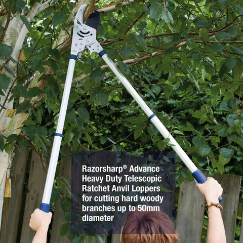 Person using Razorsharp Beefy Heavy Duty Telescopic Ratchet Loppers With Extendable 40.5 Inch Aluminum Handles on tree branch