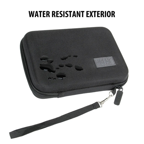 USA Gear Laser Measurement Tool Hard Case - Laser Tape Measure Case with Water Resistant Exterior & Wrist Strap - Compatible with Bosch GLM20 Blaze, DTAPE DT50, Leica DISTO D2, and more (Black) showing water droplets on surface.