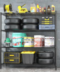 Beefy 4 Tier Wire Shelving Unit On Wheels 60 Inch Wide 24x60x72 Inches Holds Up To 2,400 Lbs Adjustable Metal Shelves For Garage Pantry And Kitchen Black Powder Coated Steel Heavy Duty Storage Rack loaded with garage tools and tires