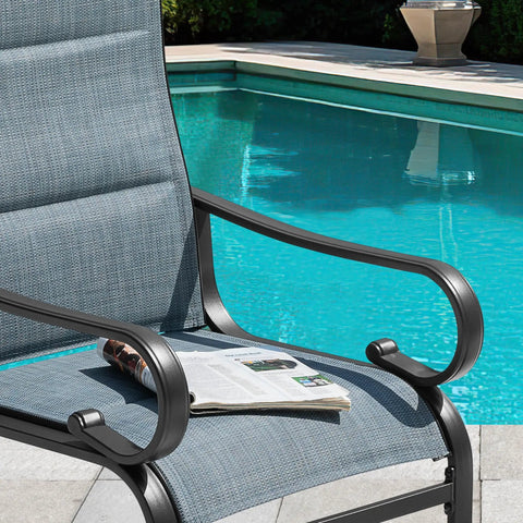 Set Of Two Padded Textilene Patio Dining Chairs With C Spring Rocker Action And Curved Armrests Rock Solid Powder Coated Metal Frame near pool.