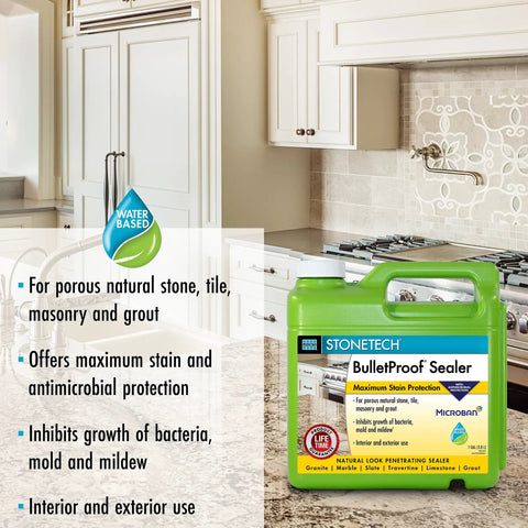 Built Tough Pro Grade All Purpose Concrete Floor Sealer With Next Level Water And Oil Stain Protection Using Low Voc Water Based Formula For Smooth Durable Indoor Garage Slabs displayed in kitchen with granite countertops.
