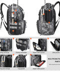 All In One Fishing Tackle Backpack With Rod Holders, Bottle Holder and Storage Bag, 42L Water Resistant Gear Pack in black, front and side views