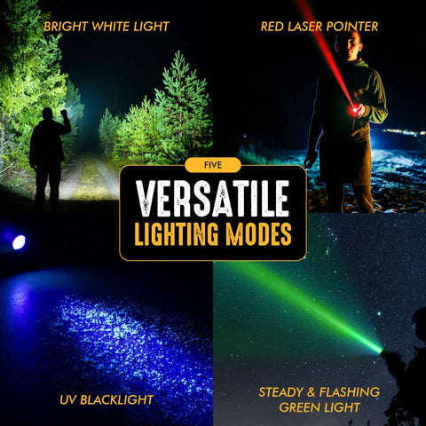 Collage showing Go-To Five Lighting Modes Tactical LED Flashlight features: bright white light, red laser, UV blacklight, green light