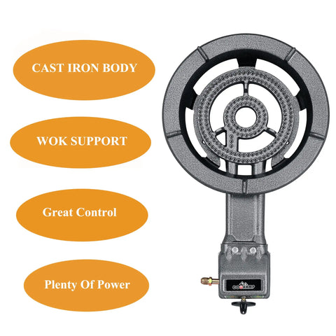 Propane Camping Stove With Regulator And Hose, Low Pressure Single Burner Outdoor Gas Stove for Camping, RV Trips And Backyard Cooking, Portable Cast Iron Burner With Rugged Durability SH80, featuring wok support and flame control.