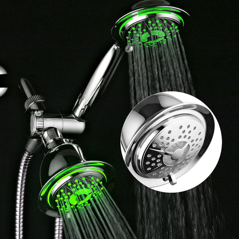 All Chrome 3 Way LED Shower Head And Handheld Combo With Air Jet Turbo Pressure Boost Nozzles Color Changing LEDs Reacting To Water Temperature Powered By Running Water No Batteries Needed Use Heads Separately Or Together For Maximum Shower Power