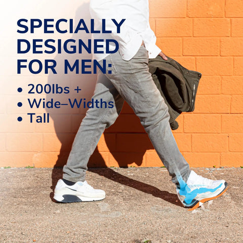 Man wearing sneakers with All Day Comfort Men Insoles With Massaging Gel And Arch Support, walking against an orange wall.
