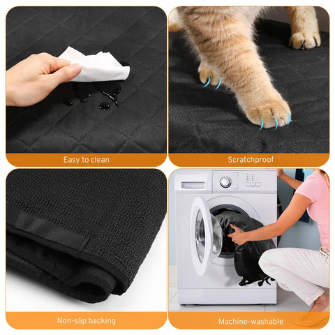 Four-image collage showing Dog Car Seat Cover For Mazda Back Seat Fits CX50 CX5 CX30 SUVs Waterproof Non Slip Pet Bench Protector Easy Clean