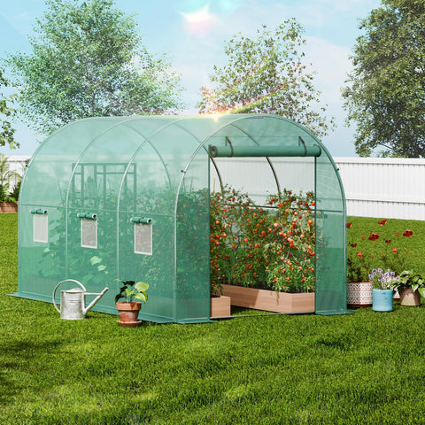 Beefed-Up Walk-In Tunnel Greenhouse With Galvanized Steel Frame And Green PE Cover, 9.6 By 6.4 By 6.2 Feet Hoop House With Roll-Up Zipper Door And Six Windows For Outdoor Plant Growing And Garden Season Extension