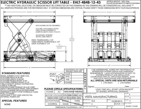 Rock Solid Welded Steel Electric Hydraulic Lift Table Featuring 48 By 48 Inch Platform And 12000 Pound Capacity For Shop Floors. Technical drawing.