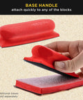Pro Grade Contoured Hand Sanding Block Set With 40 Hook And Loop Sandpaper Sheets, shown with interchangeable base handle